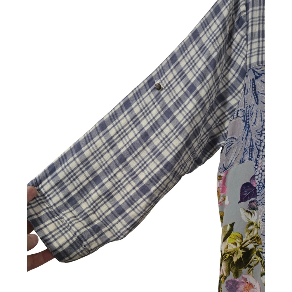 Mixed-Print Blue Floral & Plaid Tunic Shirt - Picture 7 of 16
